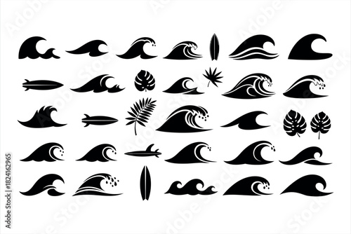 Set of black wave and surf icons