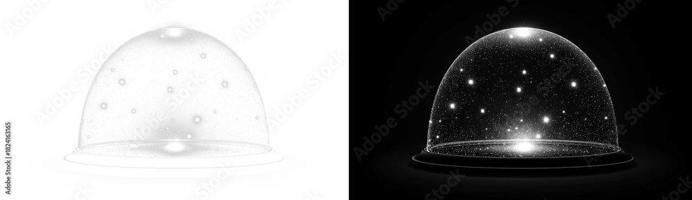 Fototapeta premium Abstract transparent PNG illustration of a magic glass dome with glowing particles. Isolated bell jar for fantasy, celebration, spiritual concepts, and energy visualization.