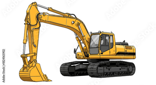 A yellow excavator machine, depicted in profile, with its arm extended, ready for work.