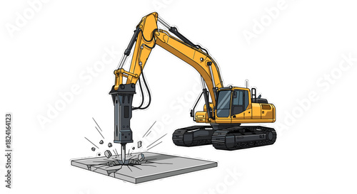 Yellow excavator with a jackhammer attachment breaking concrete, creating debris.