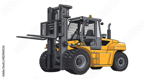 A yellow forklift truck illustration, showing the vehicle's design and features.