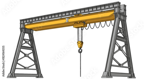 Illustration of a yellow gantry crane with a hook, set against a white background.