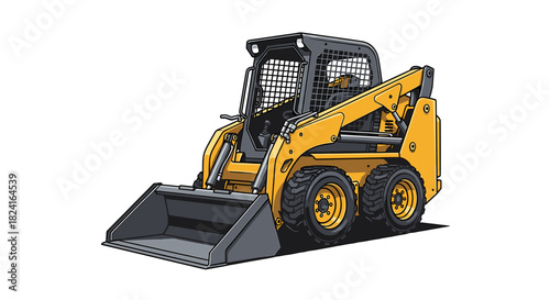 Illustration of a yellow skid-steer loader with a bucket, isolated on a white background.