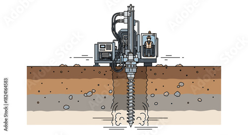 Illustration of a drilling machine boring into the ground, showing soil layers and drilling process.