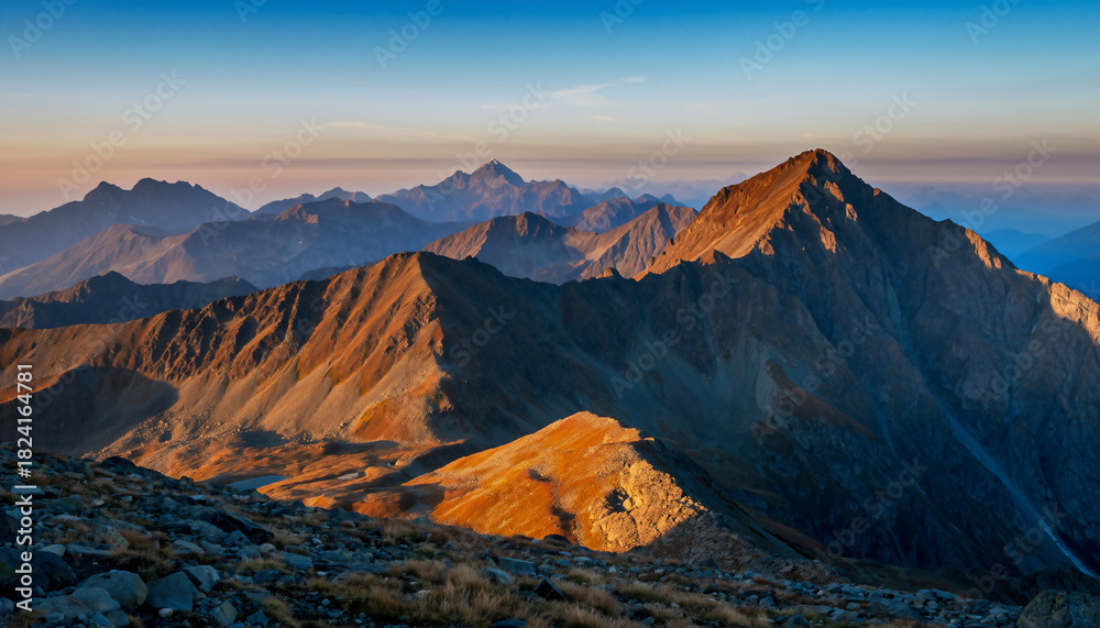 Fototapeta premium Majestic Mountain Landscape at Golden Hour — Dramatic Wilderness Panorama Photography