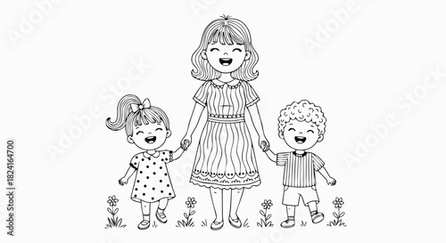 Joyful illustration of a loving mother with her happy daughter and son, symbolizing family connection and happiness