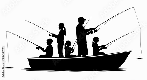 Silhouette of a family enjoying a peaceful fishing trip together in a small boat on calm waters, creating lasting memories