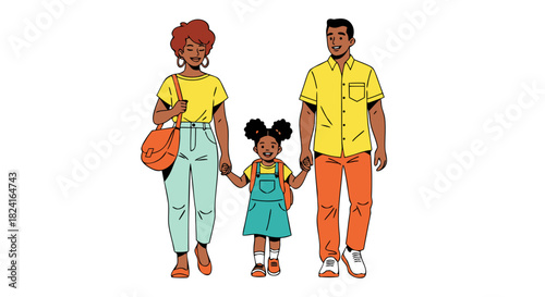 Happy diverse family with young daughter walking hand in hand, celebrating togetherness and support for childhood education