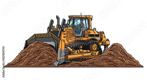 A yellow bulldozer pushing a large pile of earth, illustrating construction work.