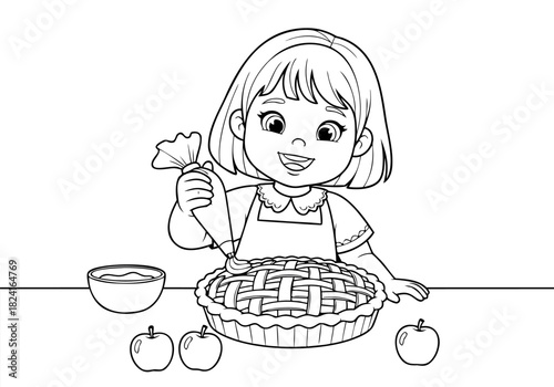 Happy little girl having fun decorating a delicious homemade apple pie, a delightful kitchen activity for children