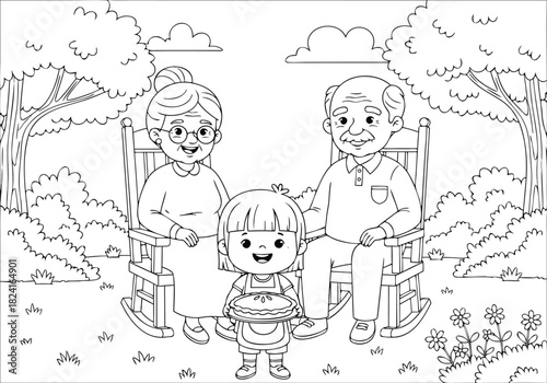 Delightful intergenerational family gathering Grandparents and child sharing a moment outdoors with a homemade pie