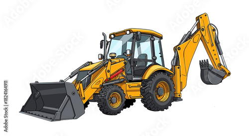 Yellow backhoe loader with front bucket and rear excavator arm, isolated on a white background.
