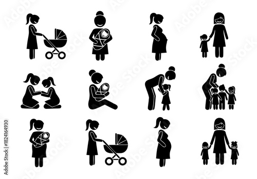 Comprehensive Vector Silhouettes Illustrating Motherhood Stages, Pregnancy, and Raising Children for Graphic Design Elements