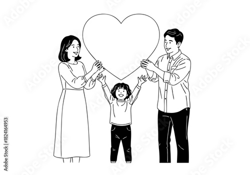 Joyful Line Art Illustration Depicting a Loving Family United Around a Heart Symbol of Togetherness
