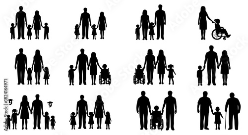 Vector Silhouettes of Diverse Families Portraying Inclusion, Support, and Disability Awareness Graphics