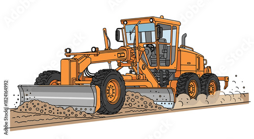 A large orange motor grader smoothing a dirt road, creating a level surface.