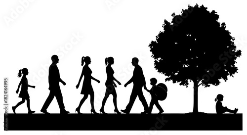 Generational family journey silhouette a diverse group walking together towards life's future with natural growth