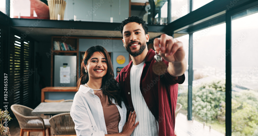 Obraz premium Happy couple, portrait and new home with keys for property, investment or mortgage loan in building. Man, woman or homeowner with smile, access or house for moving in, real estate or shelter together