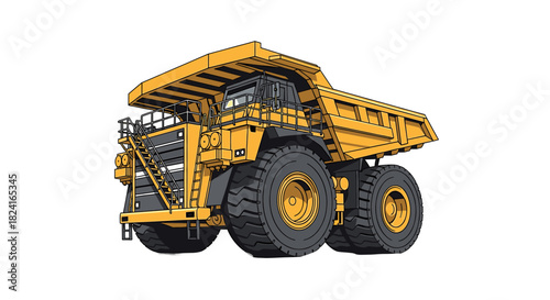Yellow dump truck illustration, isolated on white background, showing details of its design and construction.