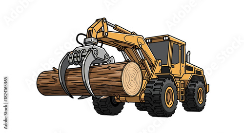 Yellow logging machine with a mechanical grapple arm carrying a large wooden log.