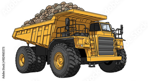 A large yellow dump truck is fully loaded with rocks, ready to transport.