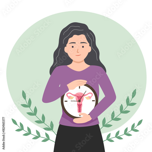 Menopause in elderly woman experiencing hormonal imbalance, holding model of uterus and hourglass. Problems with sexual health in grandmother who needs help of gynecologist to support menopause