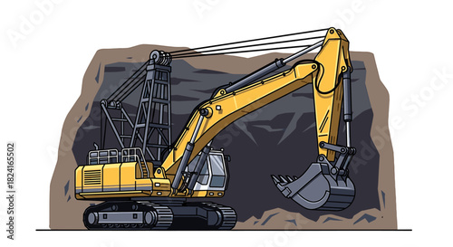 A large yellow excavator digging into a dark, rocky earth wall.