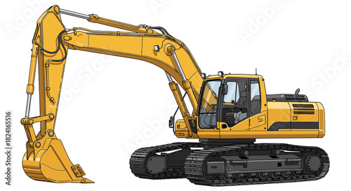 Yellow excavator with extended arm and bucket, standing on black tracks, isolated on white background.