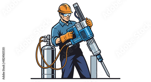 Construction worker operating a jackhammer, breaking concrete, wearing safety gear.
