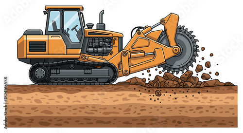 A large yellow trencher digging into the earth, creating a trench.