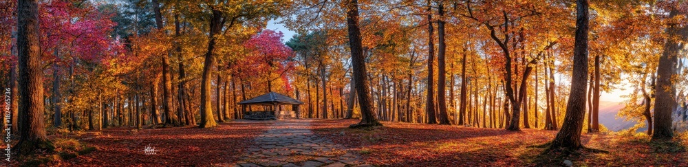 Fototapeta premium A scenic forest during fall season, path to a shelter, sun rays shining