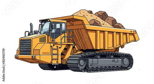 Yellow tracked dump truck carrying a load of sand and rocks against a white background.