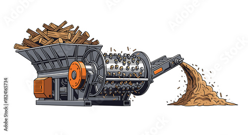 A wood chipper machine processing logs into wood chips, industrial process.
