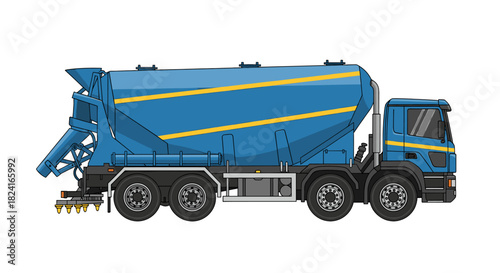 A blue cement truck with yellow stripes is shown in a side view on a white background.