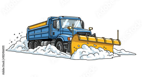 A blue snowplow truck clears a snowy road, pushing white snow.