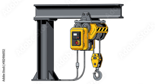 Illustration of a yellow industrial crane with a hook, suspended from a gray steel beam structure.