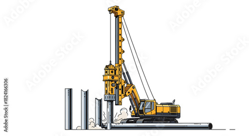 A yellow construction machine drilling into the ground, creating support structures.