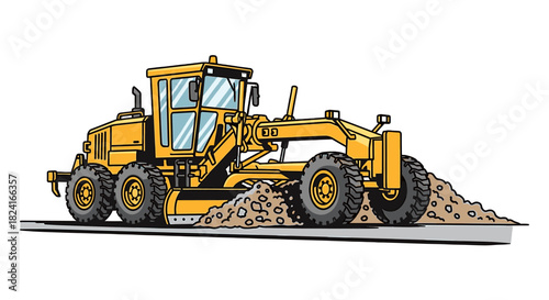Yellow grader leveling gravel on a road, illustration.