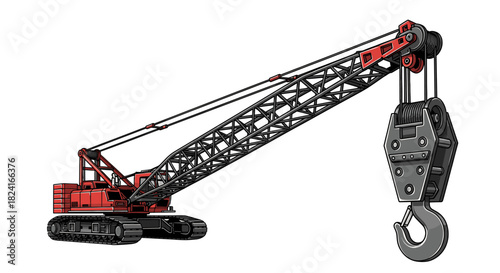 A red and black crawler crane with a lattice boom and a large hook, isolated on a white background.