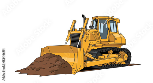 A yellow bulldozer pushing a pile of earth, ready for construction.