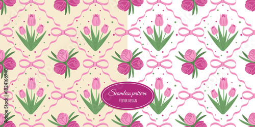 Floral cute seamless pattern with bows and ribbons . Elegant fashionable festive background. Vintage damask pattern for fabric, wrapping paper, textiles, and more.