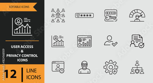 12 User Access and Privacy Control Icons solid icon set. Solid privacy control icons for user access and data protection