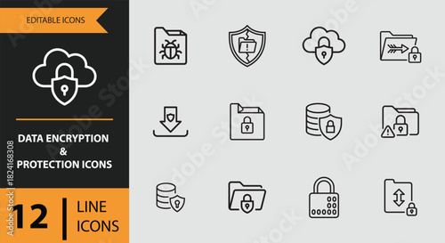 12 Data Encryption and Protection Icons solid icon set. Solid data protection icons for encryption and privacy safety