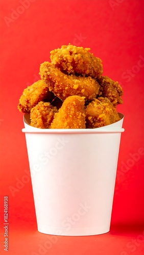 Crispy Chicken Bites in White Bucket on Red Background