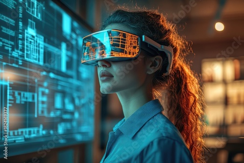 Woman using a futuristic AR/VR headset, interacting with intricate holographic data and architectural blueprints in an immersive digital environment.