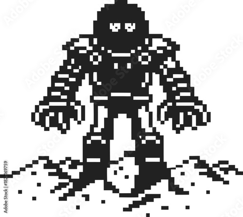 Retro pixel robot standing on cracked ground, dark armored futuristic character, vintage 8 bit design, digital gaming art