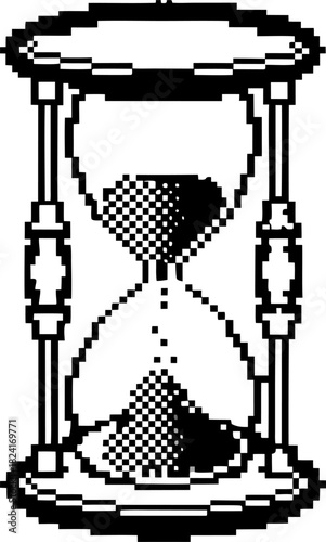 Retro pixel art hourglass classic black and white sand timer, vintage digital countdown, old school video game icon