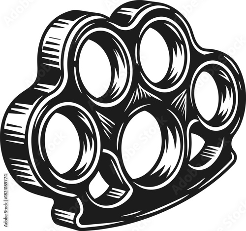 Brass knuckles vintage illustration metal fist weapon, self defense tool, retro design, black and white engraving
