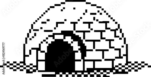 Igloo icon, pixel art monochrome snow dome house, arctic shelter isolated on white minimalist winter architecture illustration