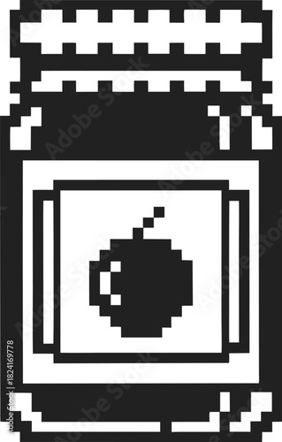 Pixel art jam jar with fruit symbol retro black and white pixelated preserve container, minimal digital food illustration